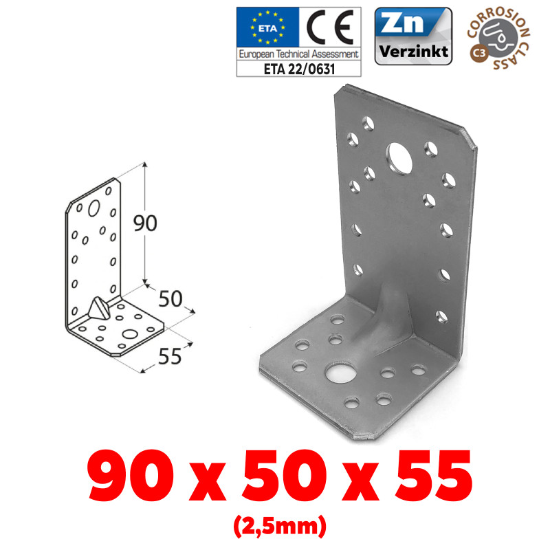 Schwerlast Winkelverbinder, Bauwinkel, Holzverbinder mit Sicke, verzinkt CE, ETA - 70x70x65 - 2,5mm