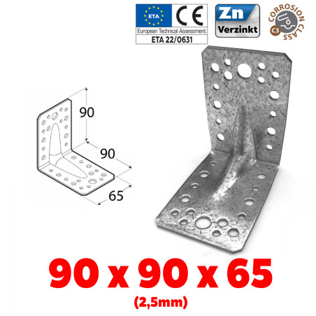 Schwerlast Winkelverbinder, Bauwinkel, Holzverbinder mit Sicke, verzinkt CE, ETA - 90x90x65 - 2,5mm